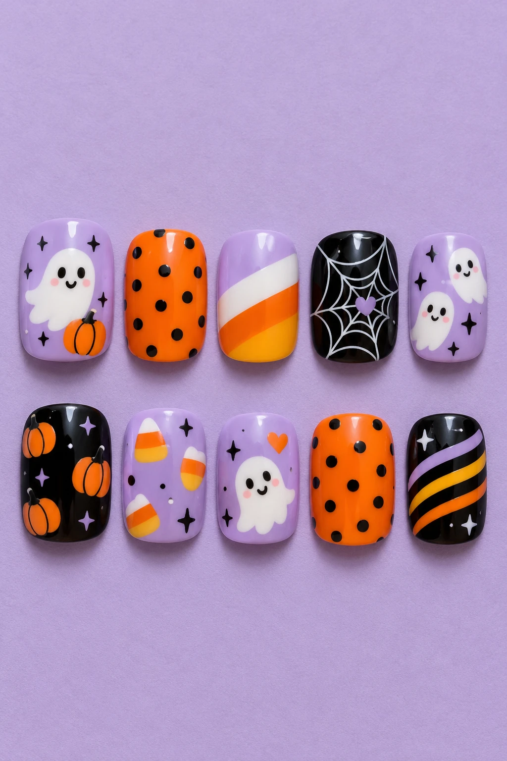 Ten detached short squoval press-on nail tips: playful haunted candy.