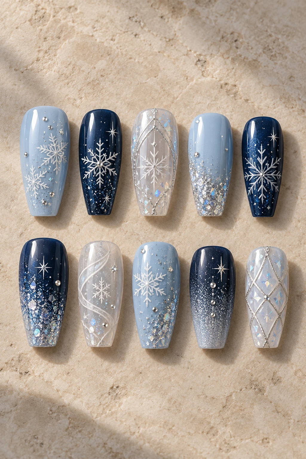 Ten detached medium coffin press-on nail tips: midwinter blue frost.