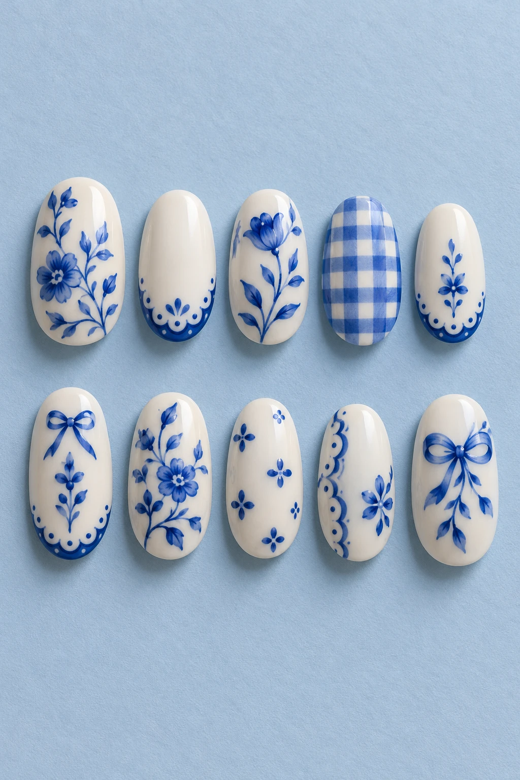 Ten detached medium oval press-on nail tips: blue porcelain garden.