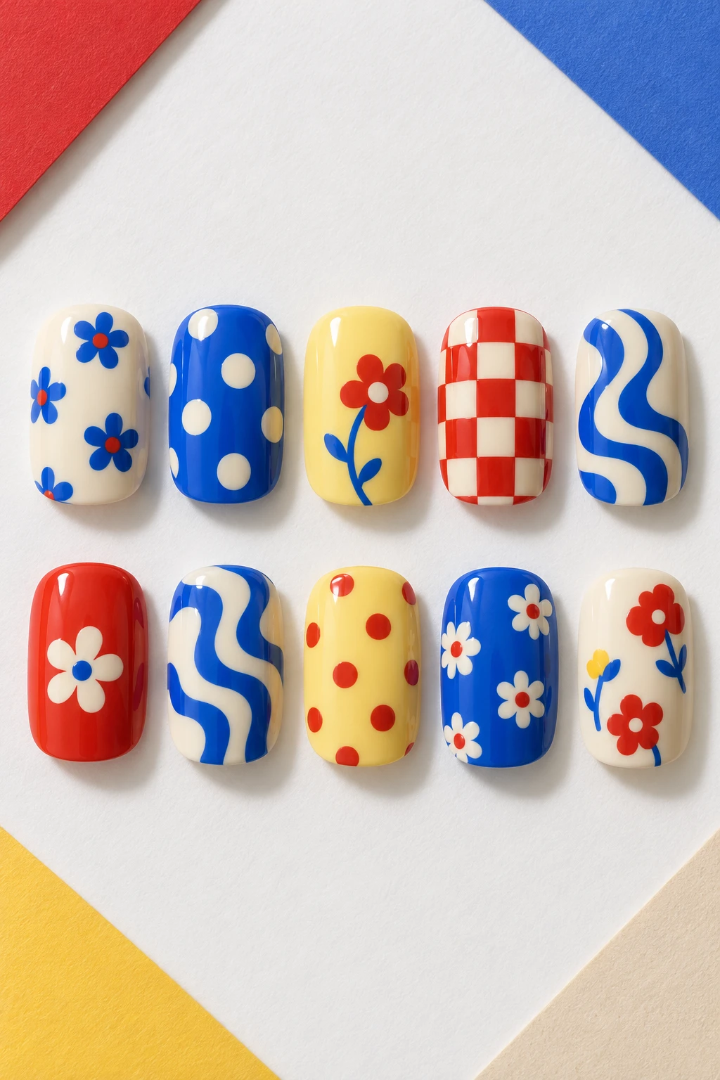 Ten detached short squoval press-on nail tips: color-pop dots & waves.